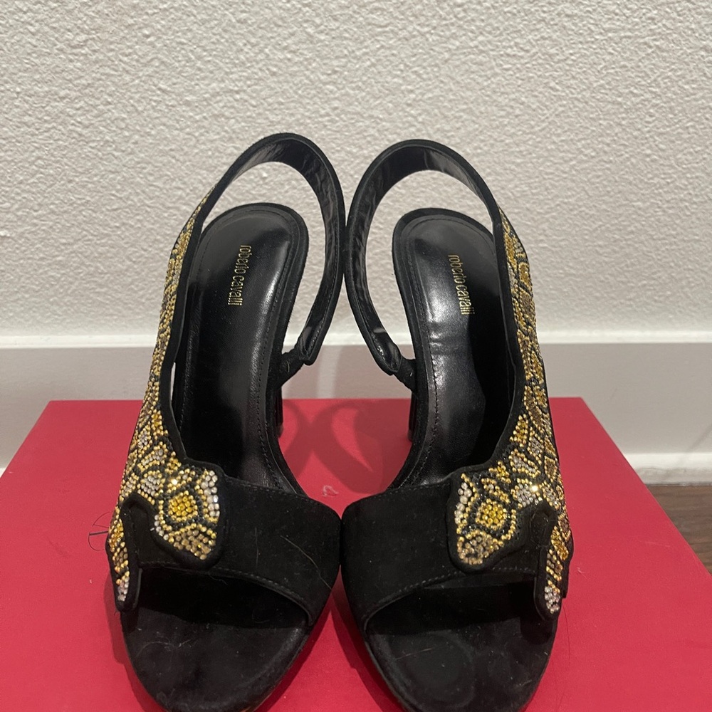 Roberto Cavalli Black and Gold Beaded Heels